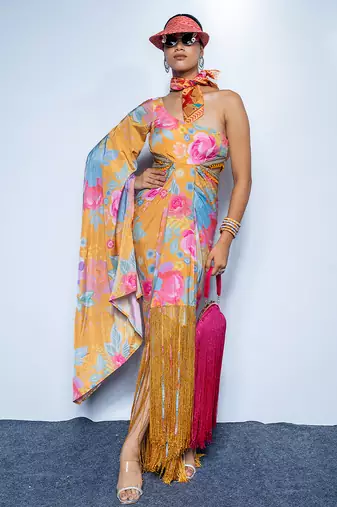 Yellow printed crepe dress