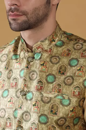 Silk blend abstract printed green nehru jacket