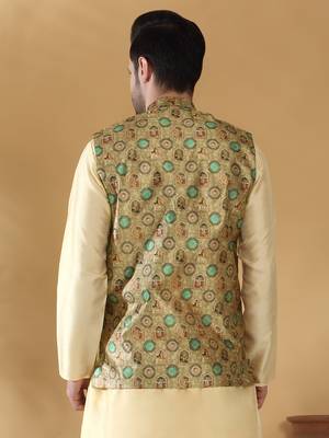 Silk blend abstract printed green nehru jacket 3