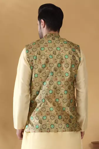 Silk blend abstract printed green nehru jacket