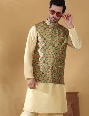 Silk blend abstract printed green nehru jacket 4
