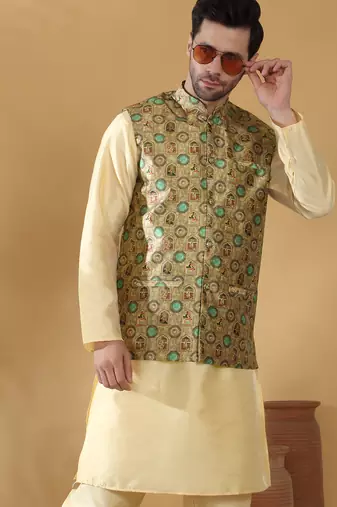 Silk blend abstract printed green nehru jacket