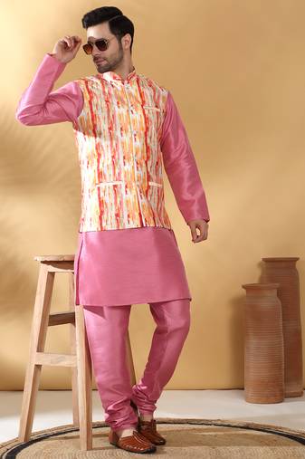 Tie-dye printed silk blend nehru jacket