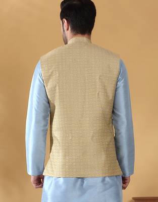 Silk blend jacquard woven geometric printed beige nehru jacket 3