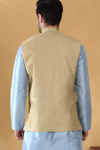 Silk blend jacquard woven geometric printed beige nehru jacket