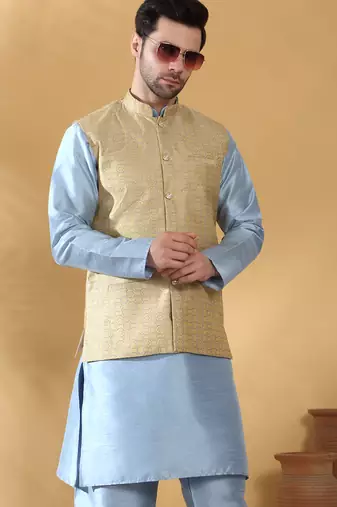 Silk blend jacquard woven geometric printed beige nehru jacket