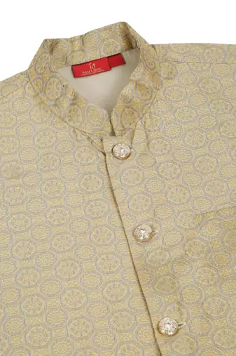 Silk blend jacquard woven geometric printed beige nehru jacket