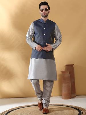 Silk blend jacquard woven geometric printed blue nehru jacket 1