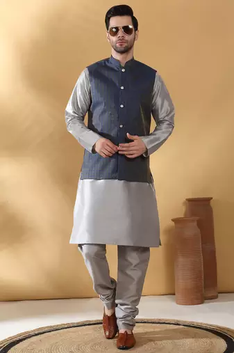 Silk blend jacquard woven geometric printed blue nehru jacket