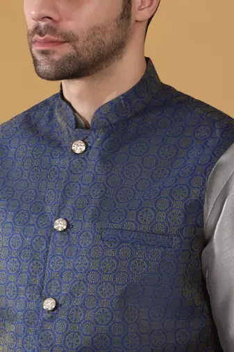 Silk blend jacquard woven geometric printed blue nehru jacket