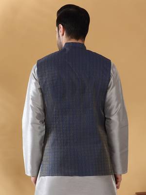 Silk blend jacquard woven geometric printed blue nehru jacket 3