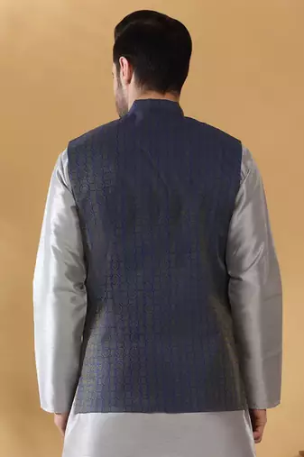 Silk blend jacquard woven geometric printed blue nehru jacket
