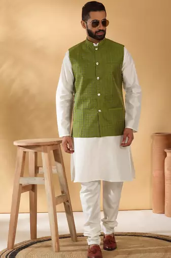 Silk blend jacquard woven geometric printed green nehru jacket