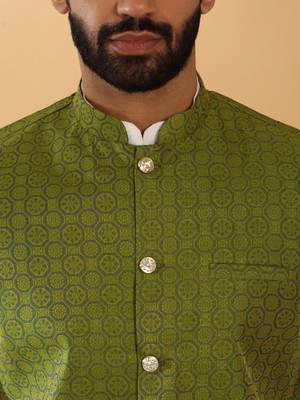 Silk blend jacquard woven geometric printed green nehru jacket 2