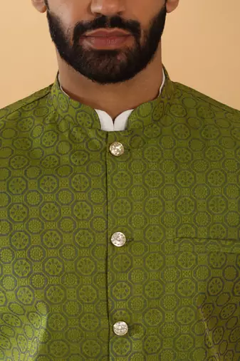 Silk blend jacquard woven geometric printed green nehru jacket