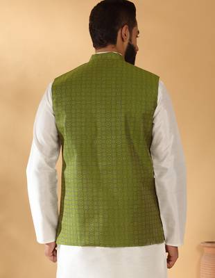 Silk blend jacquard woven geometric printed green nehru jacket 3