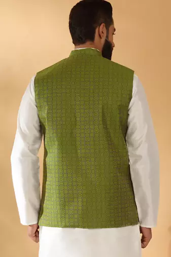 Silk blend jacquard woven geometric printed green nehru jacket