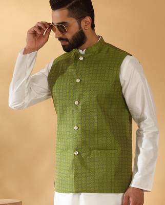 Silk blend jacquard woven geometric printed green nehru jacket 4