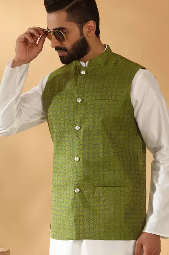 Silk blend jacquard woven geometric printed green nehru jacket