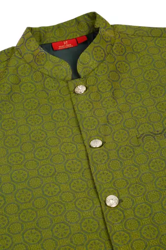 Silk blend jacquard woven geometric printed green nehru jacket
