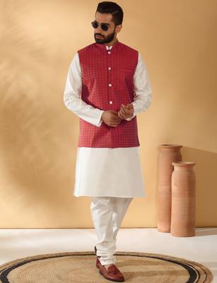 Silk blend jacquard woven geometric printed maroon nehru jacket 1