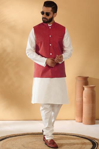 Silk blend jacquard woven geometric printed maroon nehru jacket