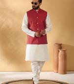 Silk blend jacquard woven geometric printed maroon nehru jacket