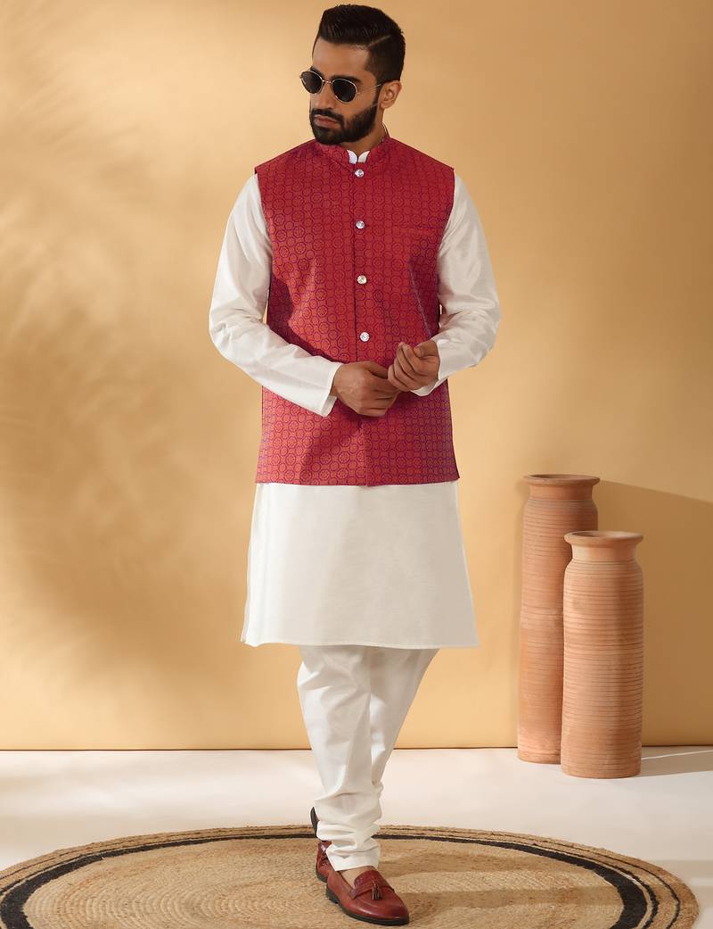 Silk blend jacquard woven geometric printed maroon nehru jacket