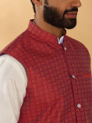 Silk blend jacquard woven geometric printed maroon nehru jacket 2
