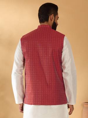 Silk blend jacquard woven geometric printed maroon nehru jacket 3