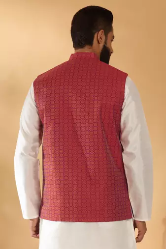 Silk blend jacquard woven geometric printed maroon nehru jacket