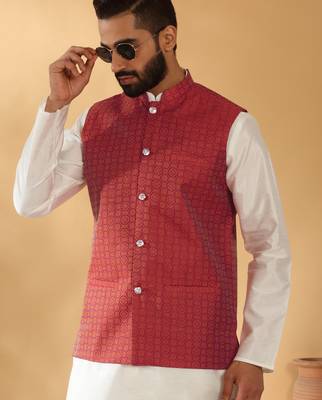 Silk blend jacquard woven geometric printed maroon nehru jacket 4