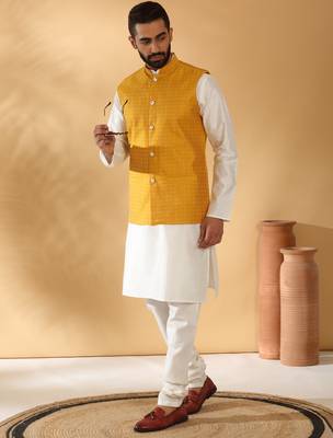 Silk blend jacquard woven geometric printed mustard nehru jacket 1
