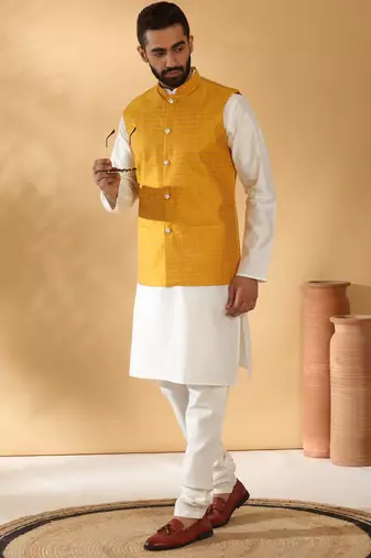 Silk blend jacquard woven geometric printed mustard nehru jacket