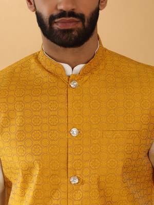 Silk blend jacquard woven geometric printed mustard nehru jacket 2