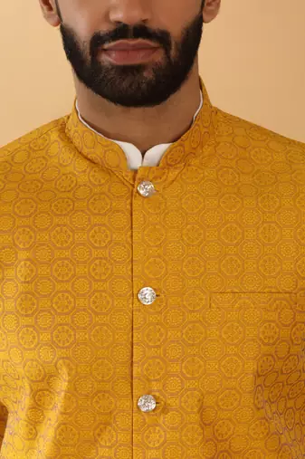 Silk blend jacquard woven geometric printed mustard nehru jacket