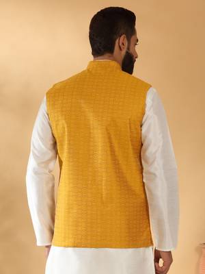 Silk blend jacquard woven geometric printed mustard nehru jacket 3