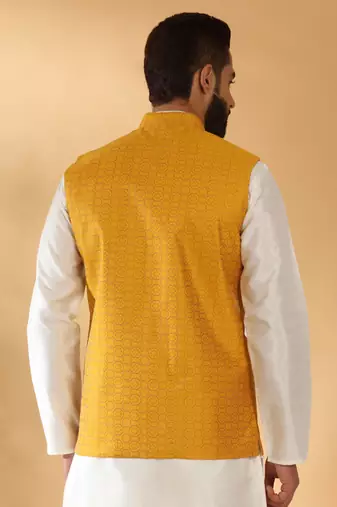 Silk blend jacquard woven geometric printed mustard nehru jacket