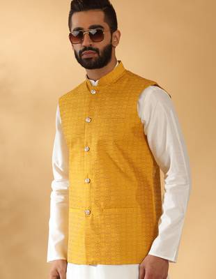 Silk blend jacquard woven geometric printed mustard nehru jacket 4