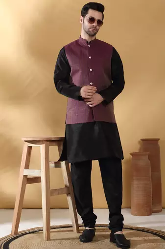 Silk blend jacquard woven geometric printed purple nehru jacket