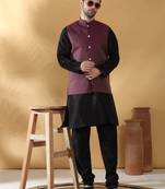 Silk blend jacquard woven geometric printed purple nehru jacket