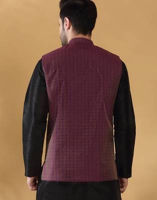 Silk blend jacquard woven geometric printed purple nehru jacket 3