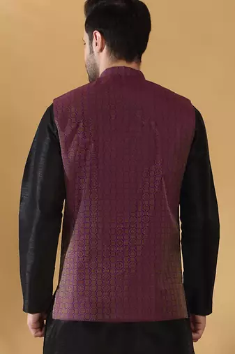 Silk blend jacquard woven geometric printed purple nehru jacket