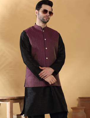 Silk blend jacquard woven geometric printed purple nehru jacket 4