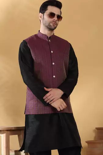 Silk blend jacquard woven geometric printed purple nehru jacket