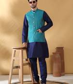 Silk blend jacquard woven geometric printed turquoise blue nehru jacket
