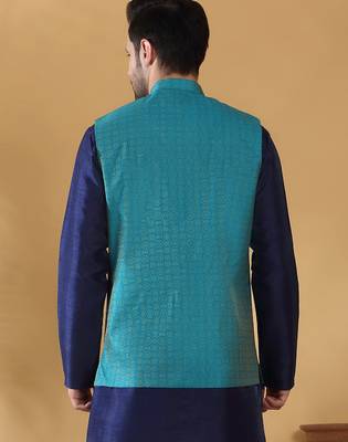 Silk blend jacquard woven geometric printed turquoise blue nehru jacket 3