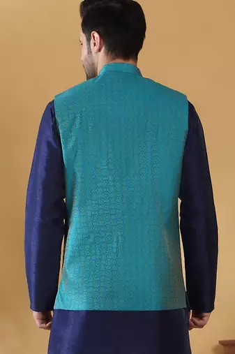 Silk blend jacquard woven geometric printed turquoise blue nehru jacket