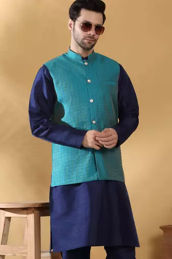 Silk blend jacquard woven geometric printed turquoise blue nehru jacket