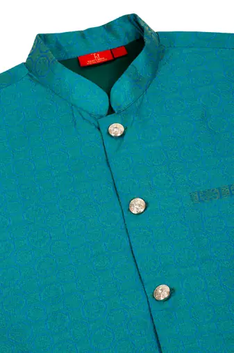 Silk blend jacquard woven geometric printed turquoise blue nehru jacket